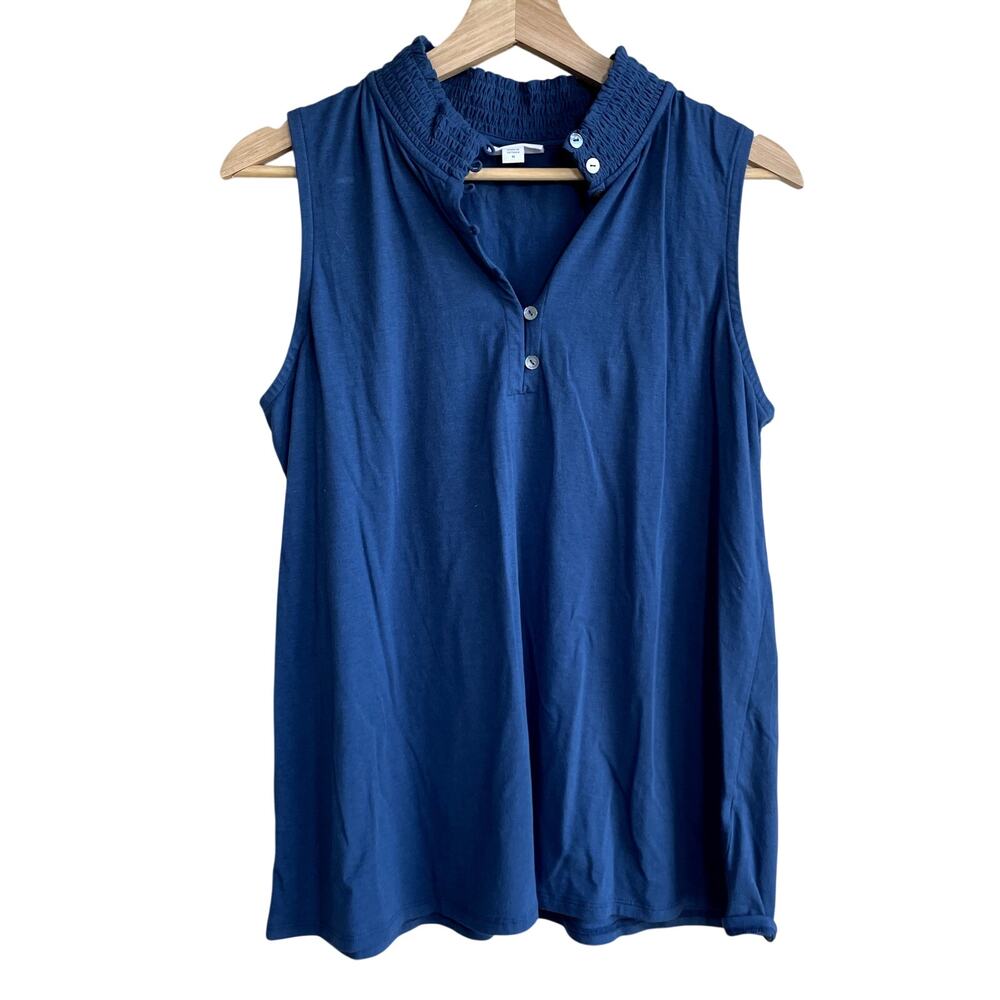 J.Jill blue sleeveless v-neck blouse women's size M cotton blend high neckline‎